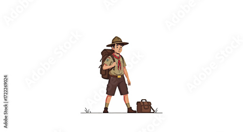 Young explorer in a classic scout uniform with a large backpack ready for an outdoor adventure illustration