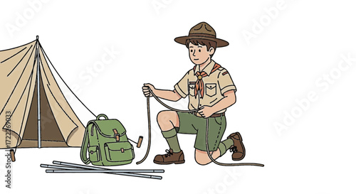 Scout mastering knot tying skills in a campsite, preparing for outdoor adventure with tent and backpack