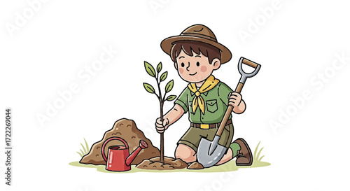 Boy Scout Planting a Tree A Charming Illustration of Environmental Conservation