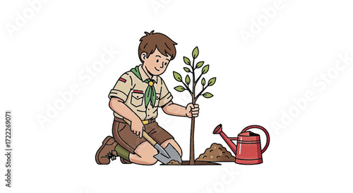 Boy Scout Planting Tree, Environmental Stewardship for a Greener Future and community development
