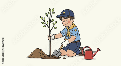 Enthusiastic young boy scout plants a sapling, actively participating in environmental conservation and promoting green initiatives for a healthier planet