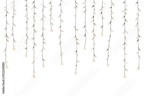 Warm-toned string lights cascading downwards on a white background