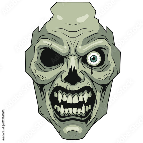 The image is a close-up of a pixel art depiction of a zombie skull. 