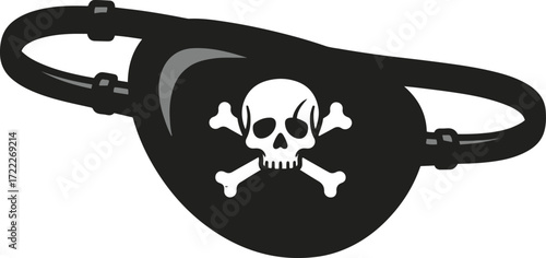 A black and white illustration of a pirate's eye patch featuring a skull and crossbones design. 