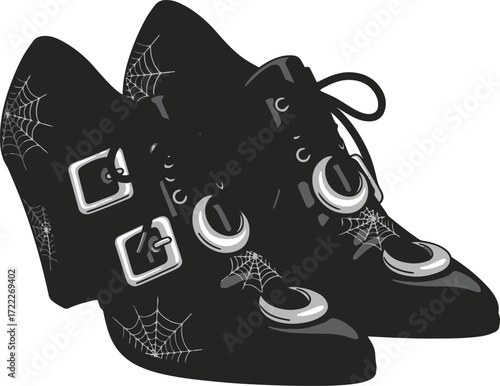 A pair of stylish black ankle boots, rendered in a pixel art style. Features intricate detailing, buckles, and laces. Perfect for fashion blogs, game design, or gothic aesthetic projects. 