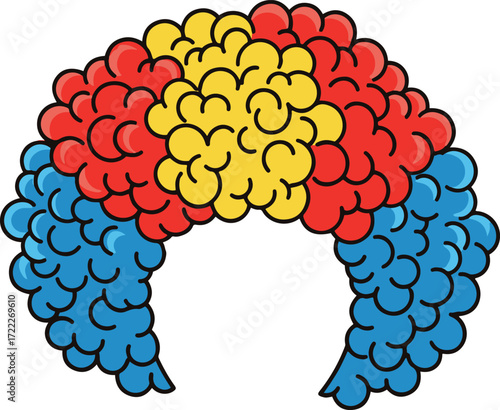 This illustration showcases a whimsical clown wig, rendered in a pixel art style. 