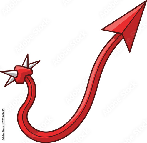 A pixel art illustration of a red devil's tail curving into an upward-pointing arrow. The tail's end is depicted with sharp points.