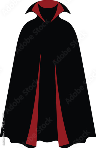 A digital illustration shows a black cape with a tall, pointed red collar. The cape is long and has a center front slit revealing a red lining. The style is reminiscent of a vampire or gothic costume.
