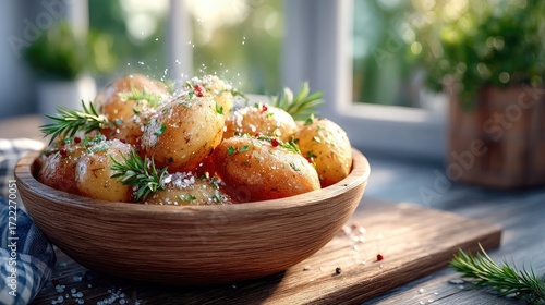 Golden Potatoes in Wooden Bowl Sprinkled with Herbs and Salt on Rustic Table Near Window