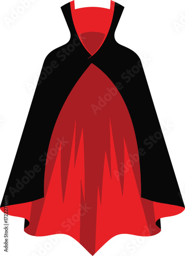 A striking illustration of a classic vampire cape. The design features a rich crimson lining contrasted with a sleek black exterior. Perfect for Halloween themes, fantasy projects, or dramatic present
