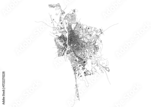 A unique vector map of Manchester , focusing on highways and buildings within an irregularly shaped city boundary.