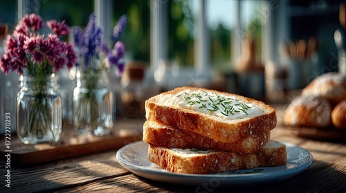 Golden Brown Toasted Bread Slices Stacked with Cream Cheese and Herbs near Flower Bouquet in Warm Natural Light Kitchen