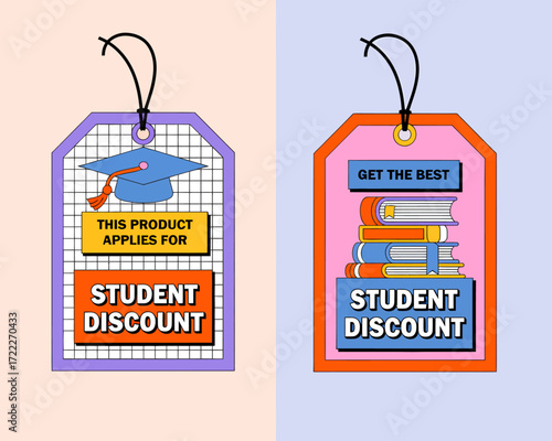 Two student discount tags with a graduation cap and books, promoting educational offers.