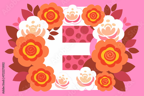 Vector letter E made of natural flowers and leaves. Floral alphabet design. Flower font concept. Unique collection of letters and numbers. Creative idea for spring, summer, and Valentine’s Day