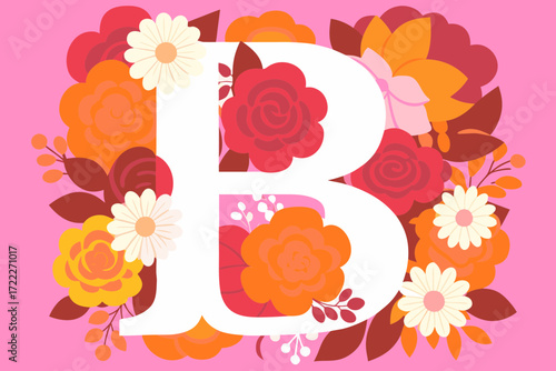 Vector letter B made of natural flowers and leaves. Floral alphabet design. Flower font concept. Unique collection of letters and numbers. Creative idea for spring, summer, and Valentine’s Day