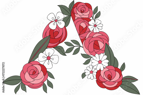 Vector letter A made of natural flowers and leaves. Floral alphabet design. Flower font concept. Unique collection of letters and numbers. Creative idea for spring, summer, and Valentine’s Day