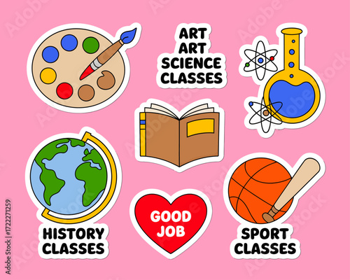 A collection of colorful cartoon stickers representing different school subjects and activities, including art, science, history, and sports.