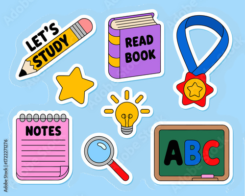 Educational stickers featuring a pencil, book, medal, notepad, lightbulb, magnifying glass, chalkboard, and star on a blue background.
