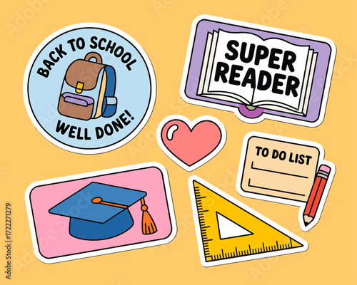 Collection of colorful back-to-school stickers with various designs and motivational messages on a yellow background.