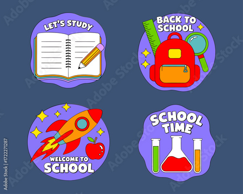 Four Back to School themed stickers with different school supplies and motivational phrases.
