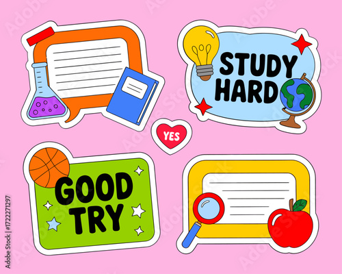 Four colorful sticker designs featuring school-related themes, including study hard, good try, and educational elements.
