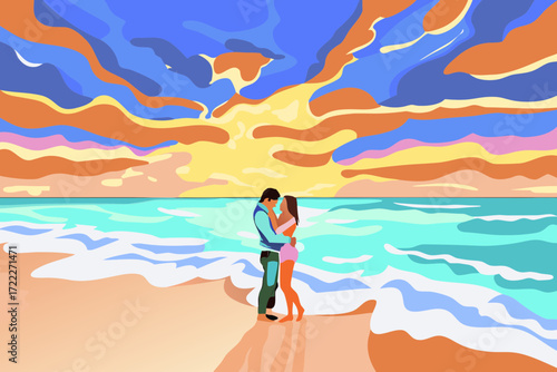 Couple Embracing Under a Golden Sunset at the Beach – Romantic Sunset Beach Illustration