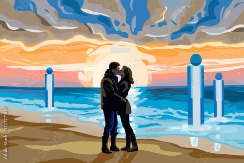 Couple Embracing Under a Golden Sunset at the Beach – Romantic Sunset Beach Illustration