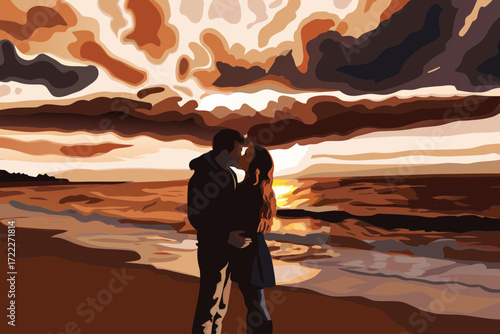 Couple Embracing Under a Golden Sunset at the Beach – Romantic Sunset Beach Illustration