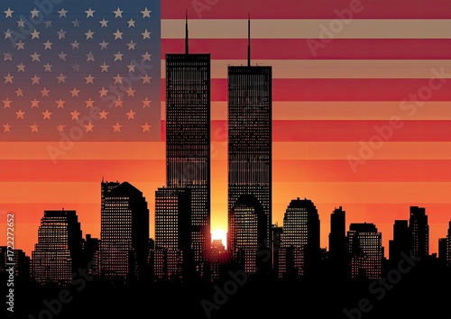 Silhouette of New York City skyline at sunset, with the American flag in the background. The Twin Towers are prominent, symbolizing 9/11