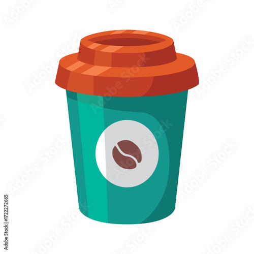 A teal paper cup with an orange lid and coffee bean logo