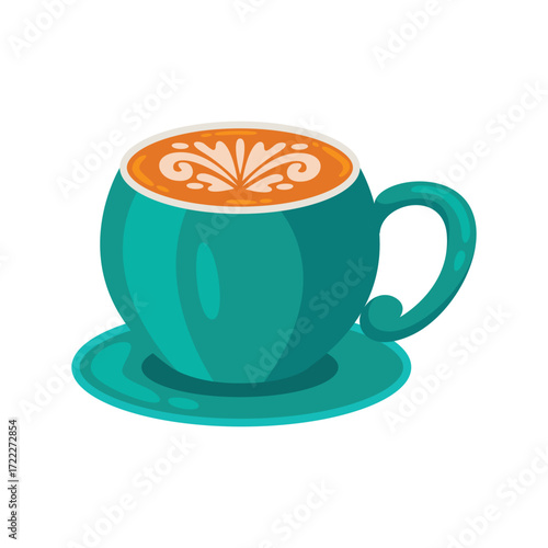 A turquoise coffee cup with latte art on a matching saucer