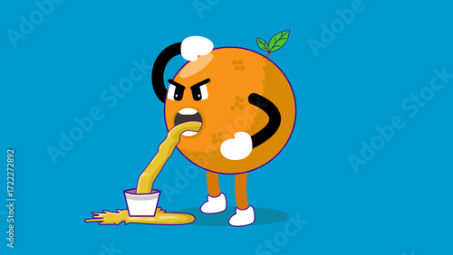 Angry Orange Cartoon Character Vomiting Juice: Comical Fruit Mascot With Arms, Legs, And Leaf. exaggerated design conveys humor, energy, and strong branding potential for snacks or mascots.