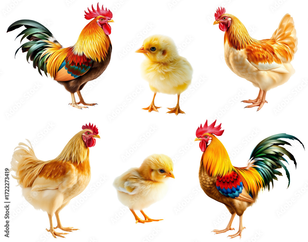 Fototapeta premium Roosters and chicks standing on white background