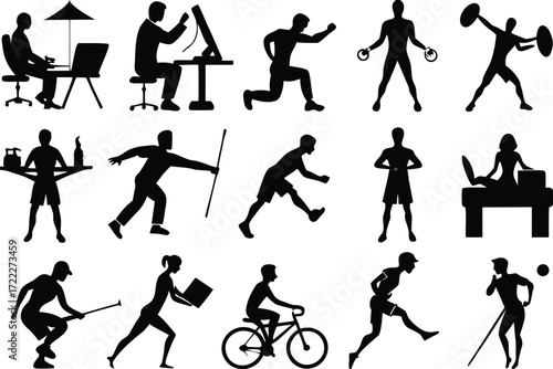 Vector silhouette bundle illustration of people in various activities and poses scalable eps format isolated on transparent background