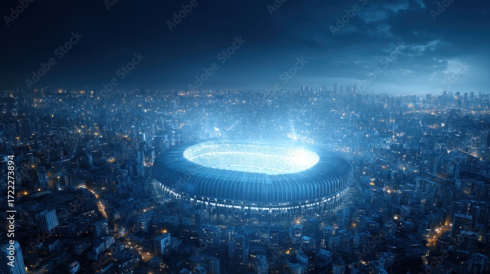 Aerial View of Modern Stadium Surrounded by Urban Cityscape at Night with Bright Stadium Lights and Dramatic Cloudy Sky