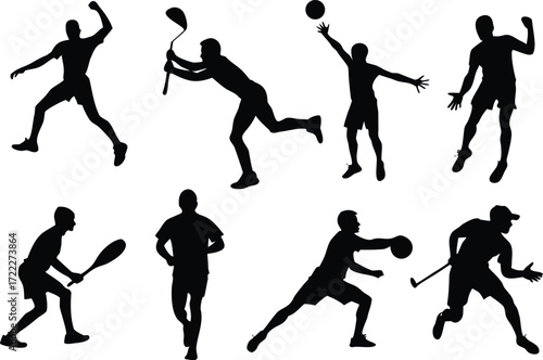 Dynamic silhouette vector bundle illustration of athletes in action sports isolated on transparent background