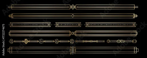 Obraz  z motywem Gold decorative design elements on a black background.  Collection of various horizontal borders and dividers, Art Deco style, with geometric patterns, and lines