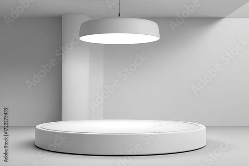 Empty white round podium, minimalist interior