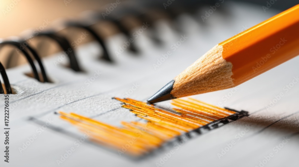 Fototapeta premium Close-up of an orange pencil sketching detailed lines on a blank notebook page in soft natural light