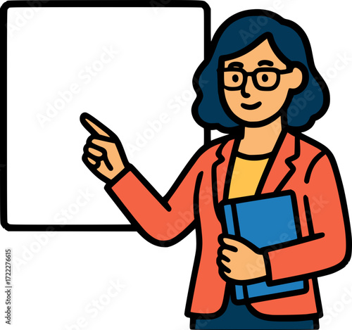 Flat colorful vector of a female teacher pointing at a blank whiteboard, holding book, bold outlines.