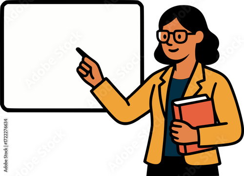 Flat colorful vector of a female teacher pointing at a blank whiteboard, holding book, bold outlines.