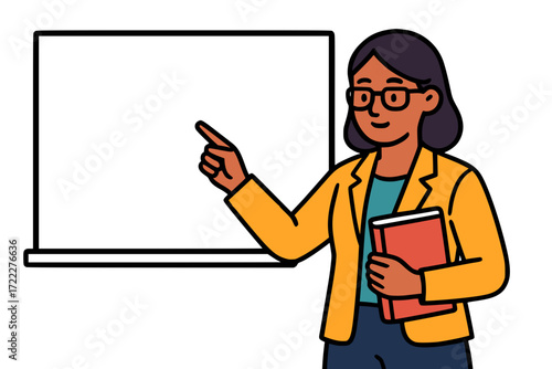 Flat colorful vector of a female teacher pointing at a blank whiteboard, holding book, bold outlines.