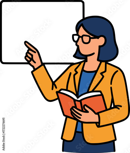 Flat colorful vector of a female teacher pointing at a blank whiteboard, holding book, bold outlines.