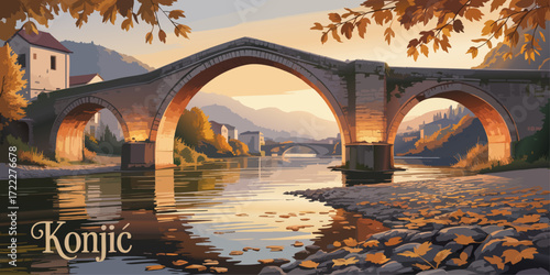 Konjic Old Bridge at Sunset, Autumn Landscape Illustration with Warm Colors, Historic Architecture over River in Bosnia
