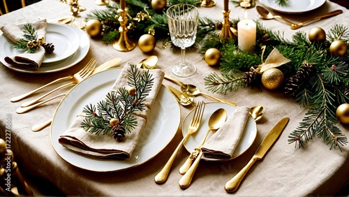Elegant Christmas dining table setting with golden cutlery, pine boughs, ornaments, and glowing candles creating festive holiday ambiance