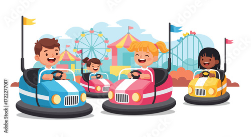 Adobe illustrator artwork vector illustration of cheerful children enjoying bumper cars at an amusement park with Ferris wheels and tents in the background. Fun-filled carnival game for kids