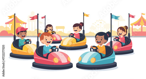 Adobe illustrator artwork vector illustration of cheerful children enjoying bumper cars at an amusement park with Ferris wheels and tents in the background. Fun-filled carnival game for kids