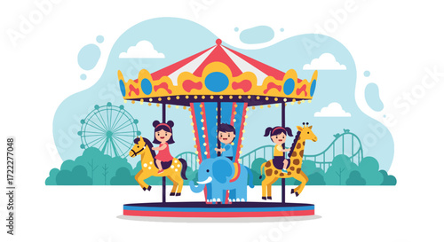Adobe illustrator artwork vector illustration of children riding a colorful carousel at an amusement park. Features roller coasters and Ferris wheels in the background. Classic carnival fun