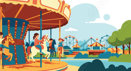Adobe illustrator artwork vector illustration of children riding a colorful carousel at an amusement park. Features roller coasters and Ferris wheels in the background. Classic carnival fun