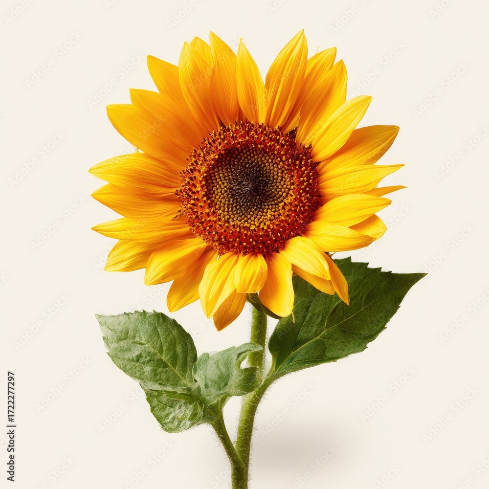 Obraz premium Single sunflower, bright yellow petals, dark brown disc, green leaves, isolated on white background